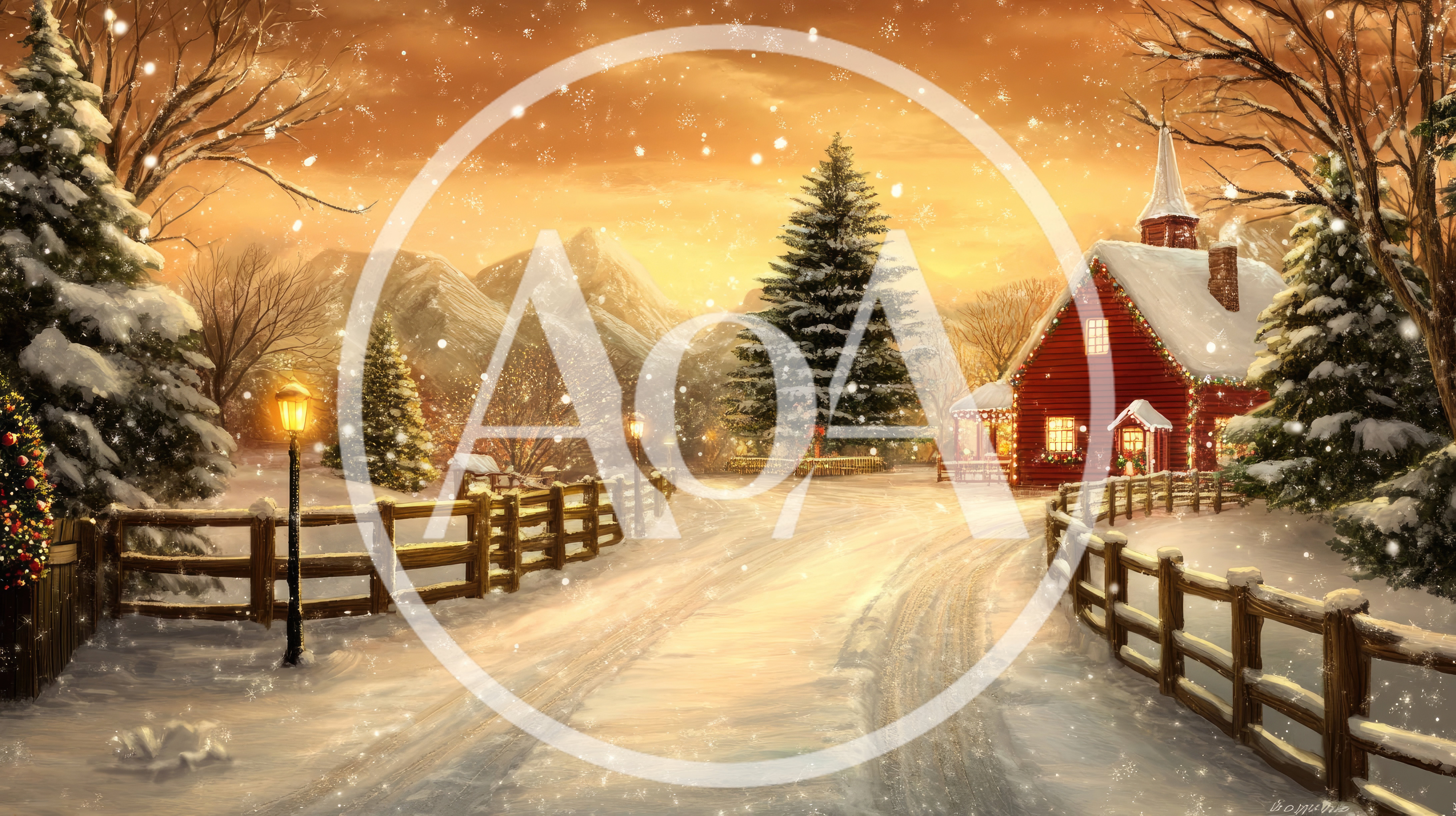 Snowy Winter Landscape With Red Cottage And Pine Trees