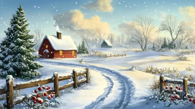 Cozy Red Cabin In A Snowy Winter Landscape