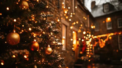 Christmas Tree With Golden Ornaments And Warm Fairy Lights