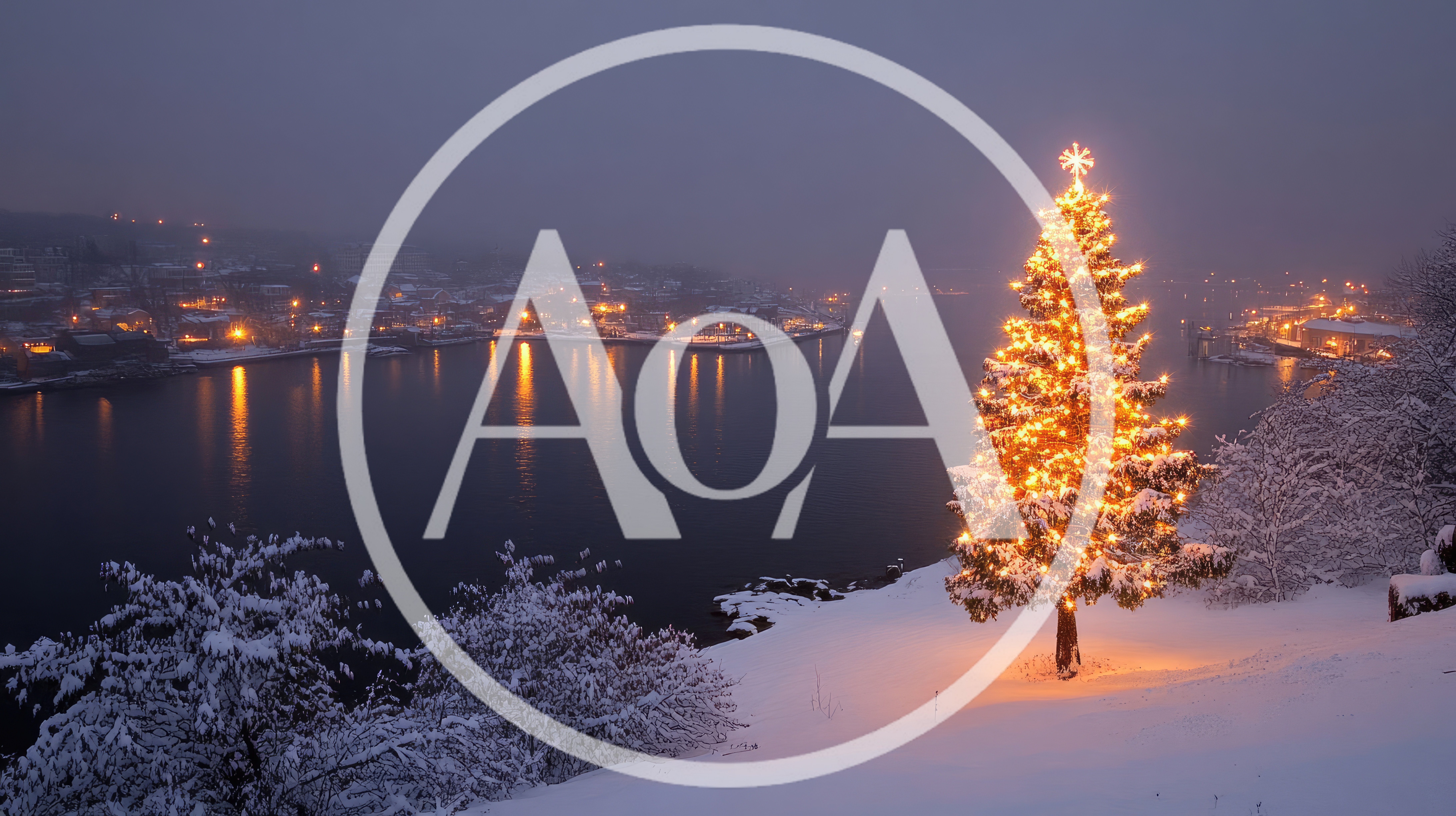 Illuminated Christmas Tree Overlooking A Snowy Harbor At Twilight