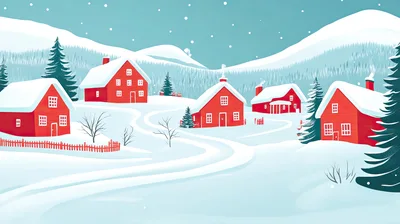 Red Houses In A Snowy Winter Village Landscape