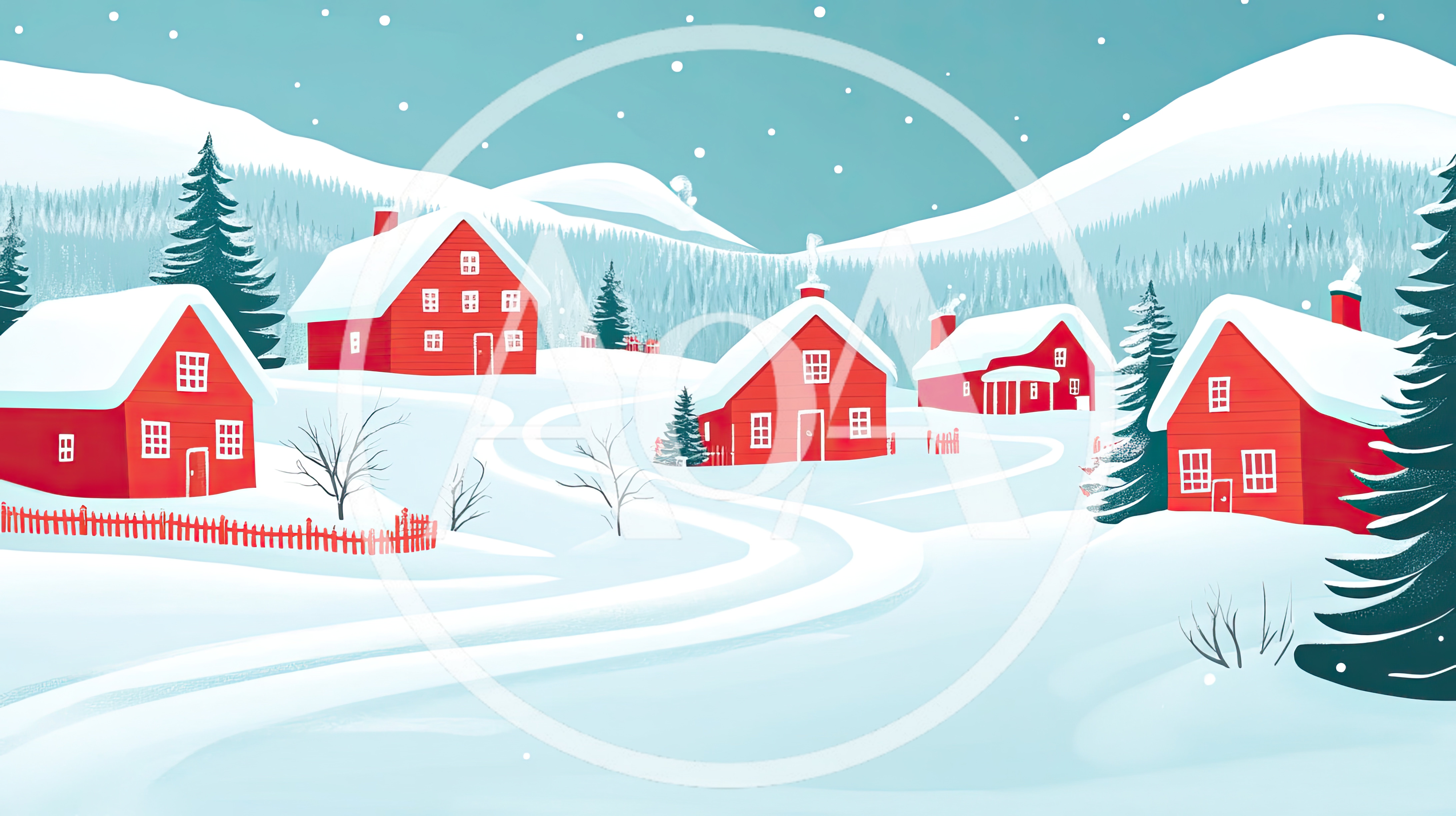 Red Houses In A Snowy Winter Village Landscape