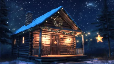 Cozy Log Cabin Decorated For Christmas At Night