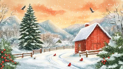 Winter Landscape With Red Barn And Snow Covered Trees