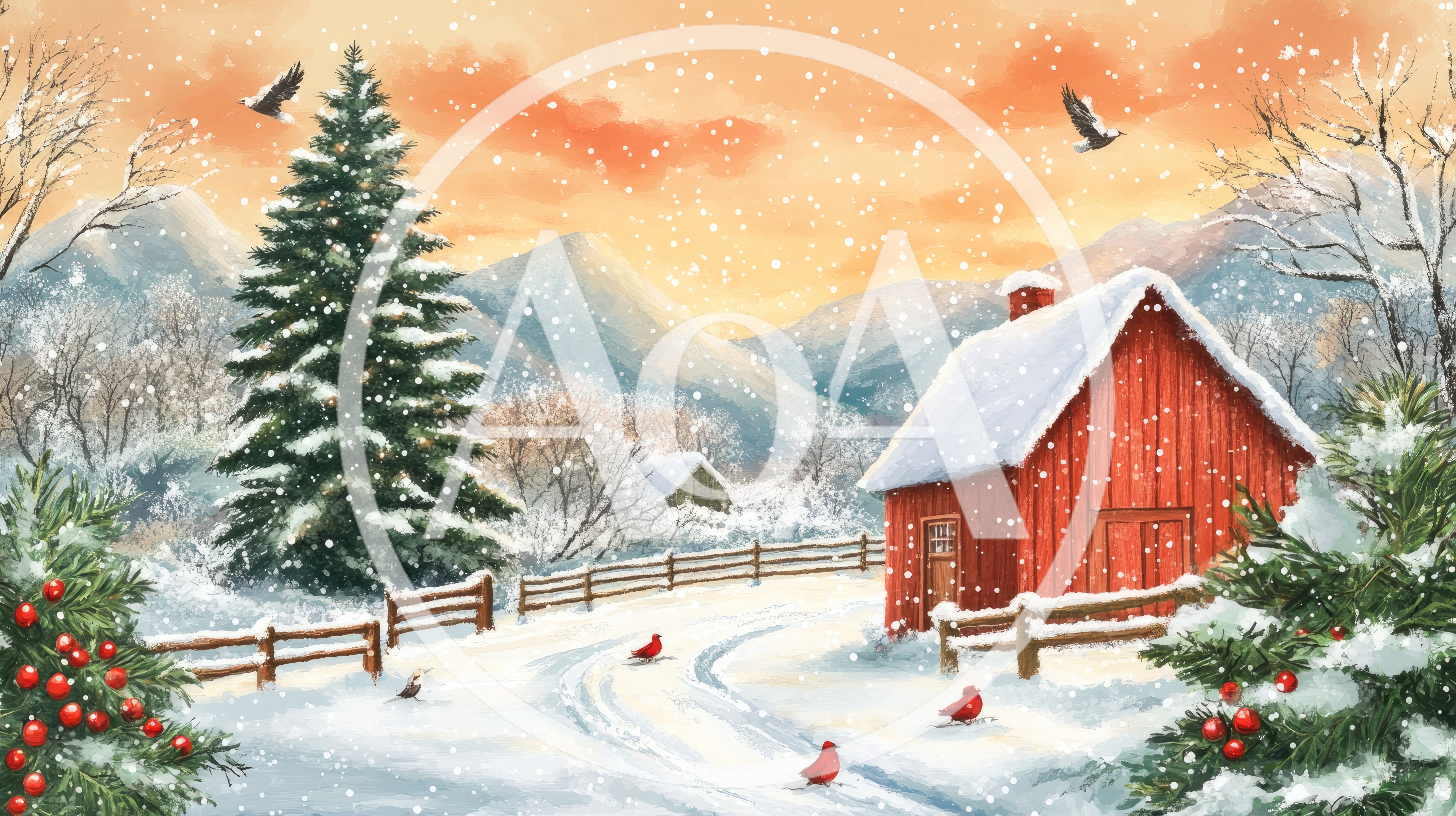 Winter Landscape With Red Barn And Snow Covered Trees