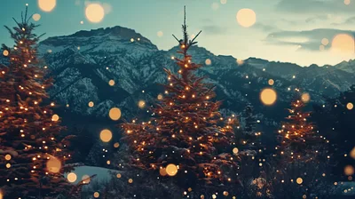 Illuminated Christmas Trees Against Snowy Mountain Landscape