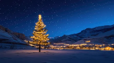 Illuminated Christmas Tree In Snowy Mountain Landscape