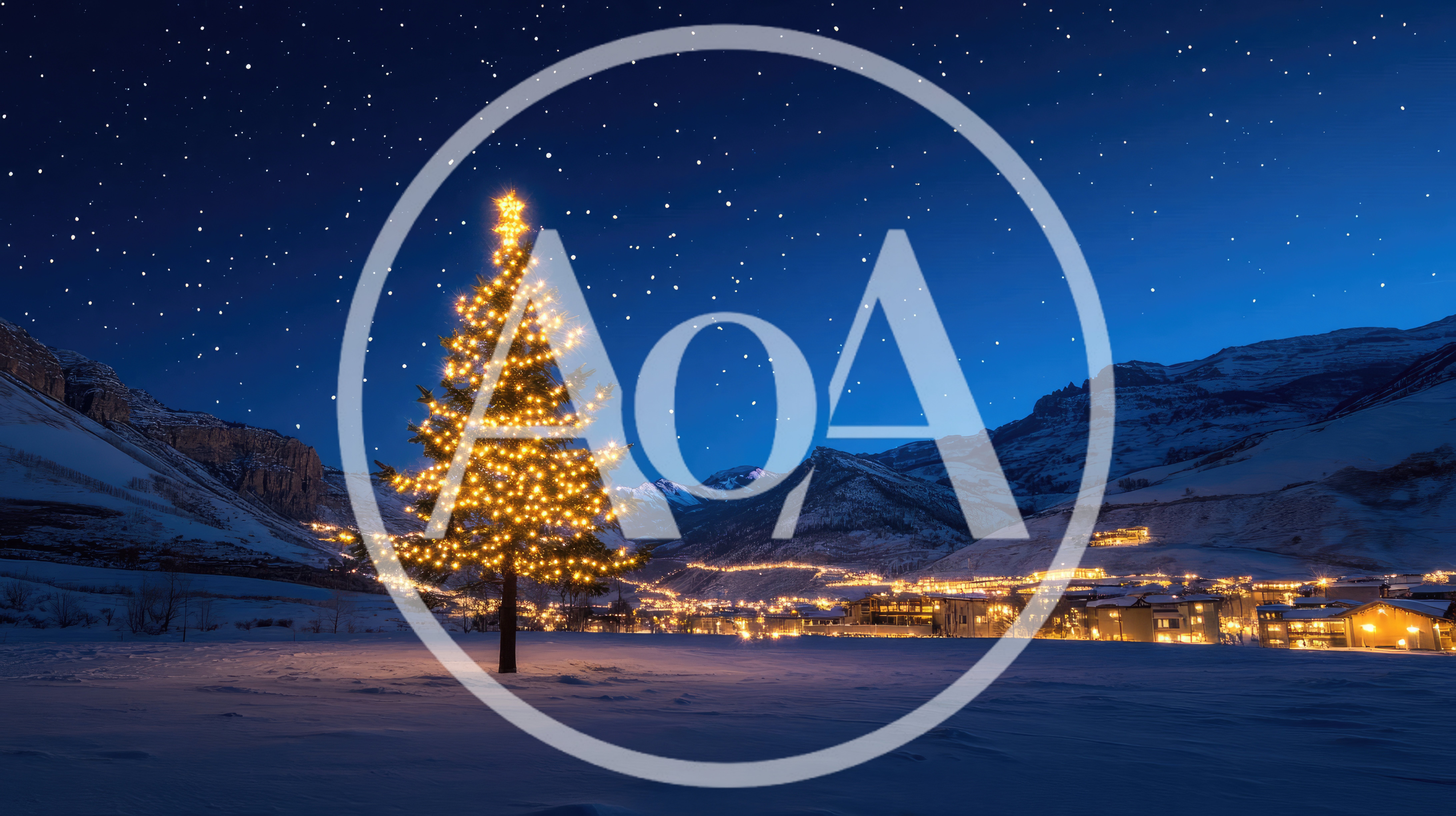 Illuminated Christmas Tree In Snowy Mountain Landscape