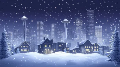 Seattle Skyline Winter Night With Snowfall