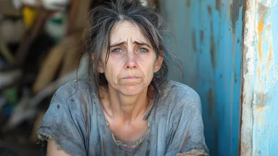 Portrait Of A Distressed Homeless Woman Sitting Outdoors