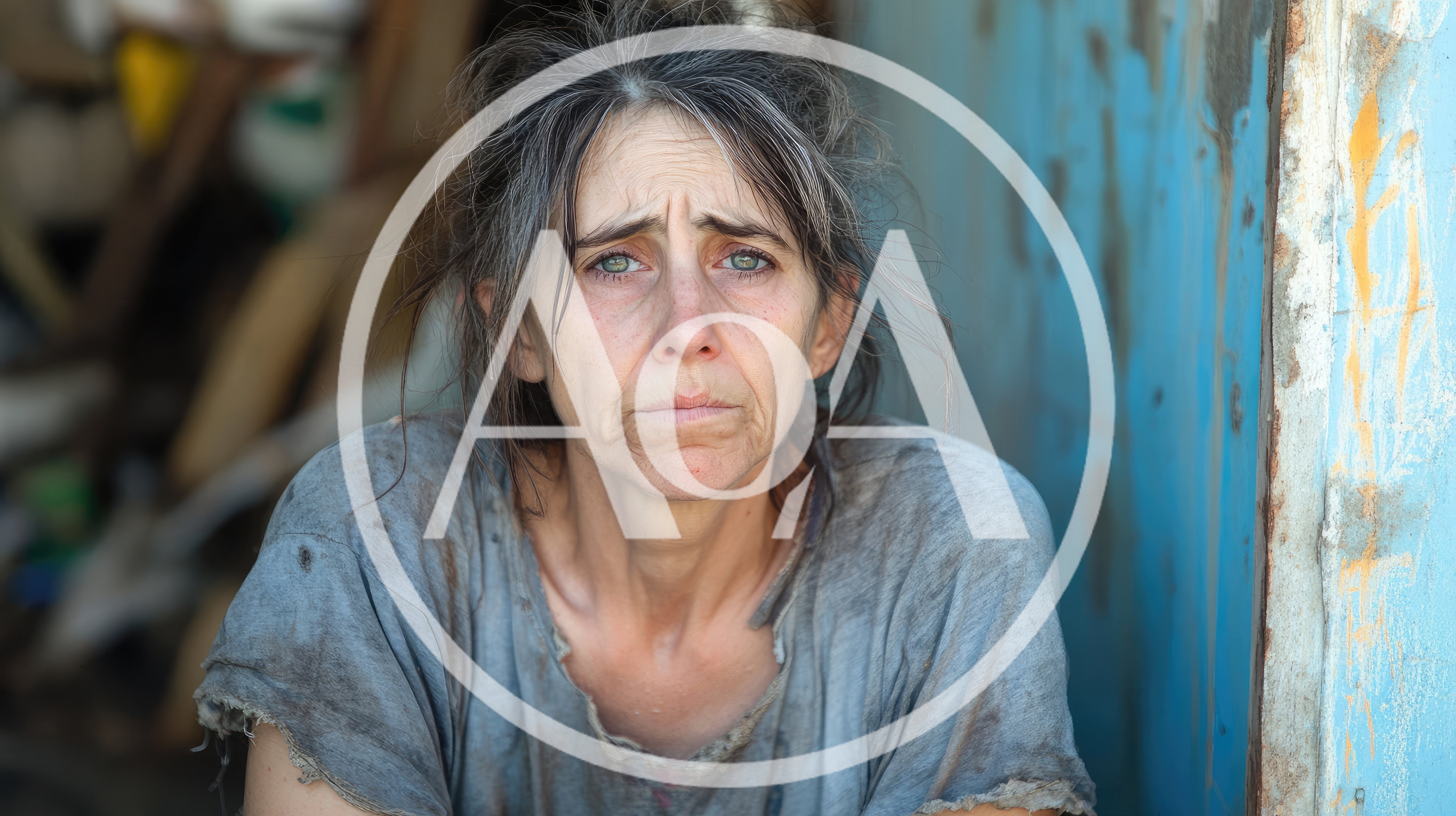 Portrait Of A Distressed Homeless Woman Sitting Outdoors