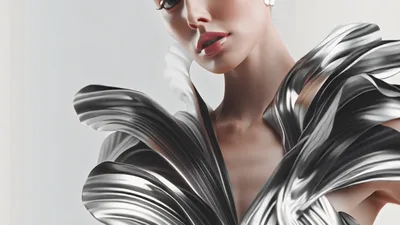 Fashion Model Wearing Metallic Sculptural Avant Garde Dress