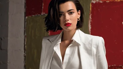 Stylish Woman In White Suit Posing Against Abstract Background