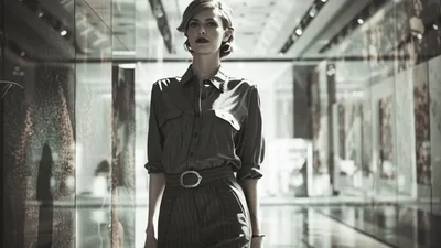 Elegant Woman Walking Confidently Through Modern Glass Hallway