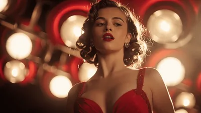 Glamorous Woman in Red Dress Posing Under Stage Lights