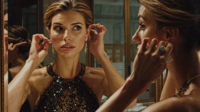 Elegant Woman Adjusting Diamond Earrings In Mirror