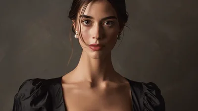 Elegant Woman In Black Dress Posing Against Dark Background