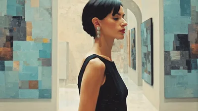 Elegant Woman Walking Through An Art Gallery