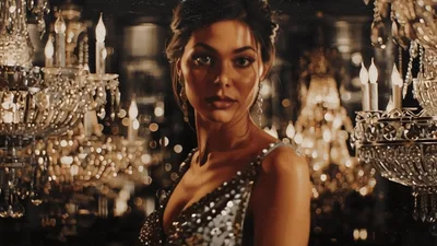 Elegant Woman In Sequin Dress Posing Amidst Crystal Chandeliers