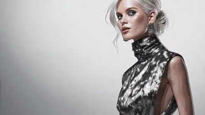 Fashion Model Posing In Metallic Silver Dress