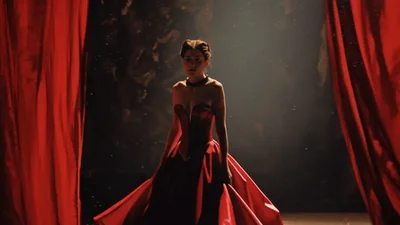Elegant Woman In Red Ballgown Walking On Stage