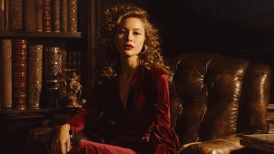 Elegant Woman In Velvet Dress Sitting In Library