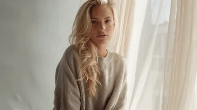 Blonde Woman Sitting By Window In Cozy Sweater