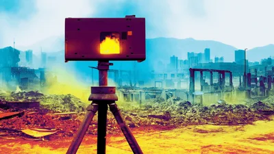 Surveying Instrument Rotating Over A Devastated Urban Landscape