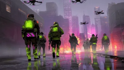 Futuristic Soldiers Walking Through A Neon Cyberpunk City