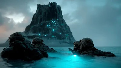 Special Forces Soldiers Approaching Glowing Alien Island At Night
