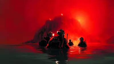 Special Forces Soldiers Wading Through Water Toward Glowing Island