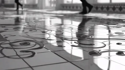 People Walking Across A Reflective Tiled Floor