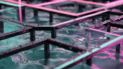 Abstract Metal Grid Structure Submerged In Rippling Water