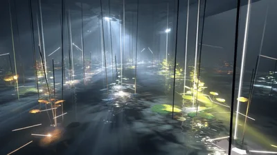 Abstract Digital Art Installation With Glowing Floating Lily Pads