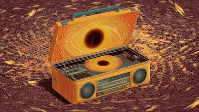 Surreal Boombox Playing A Black Hole Vinyl Record