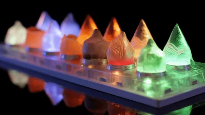 Glowing Translucent Geometric Shapes Changing Colors On Display
