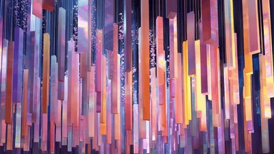 Hanging Iridescent Rectangular Prisms Moving In Abstract Installation