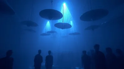 People Standing In A Dark Blue Foggy Room