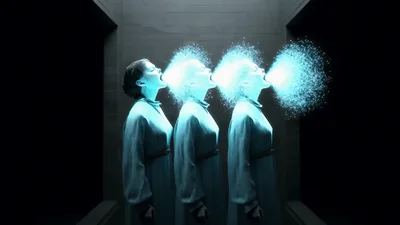 Three Identical Women Exhaling Glowing Blue Energy Particles