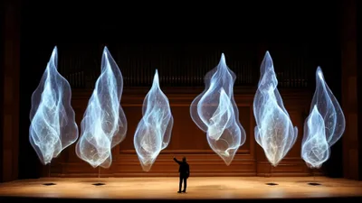 Conductor Interacting With Digital Light Sculptures On Stage