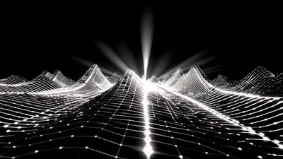 Abstract Digital Wireframe Landscape With Glowing Light Rays