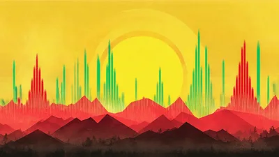 Abstract Audio Visualizer With Red Mountains And Yellow Sun