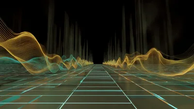 Abstract Digital Waves Moving Over A Glowing Grid