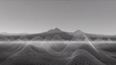 Abstract Digital Wireframe Landscape With Rolling Waves