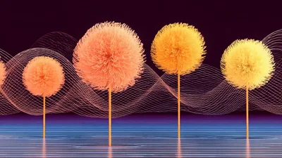 Abstract 3D Fluffy Spheres With Wavy Background Lines