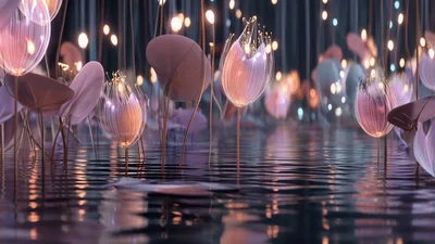Glowing Bioluminescent Flowers Floating On Dark Rippling Water