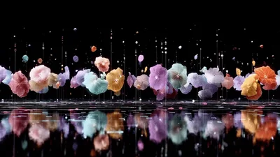 Abstract Floating Colorful Flowers Over Reflective Surface