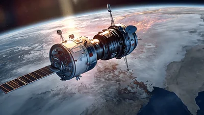 Spacecraft Orbiting Earth Above A Glowing Horizon