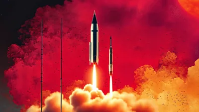 Two Rockets Launching Into A Red Alien Sky