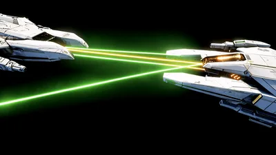 Two Futuristic Spaceships Engaging In Intense Laser Combat